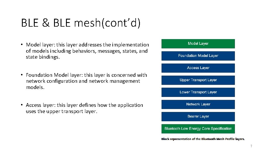 BLE & BLE mesh(cont’d) • Model layer: this layer addresses the implementation of models