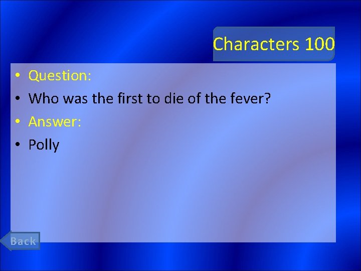 Characters 100 • • Question: Who was the first to die of the fever?