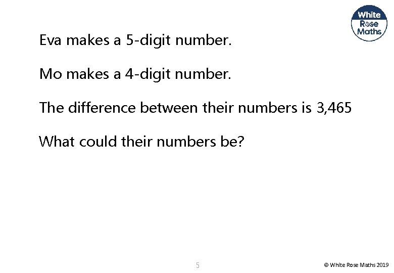 Eva makes a 5 -digit number. Mo makes a 4 -digit number. The difference