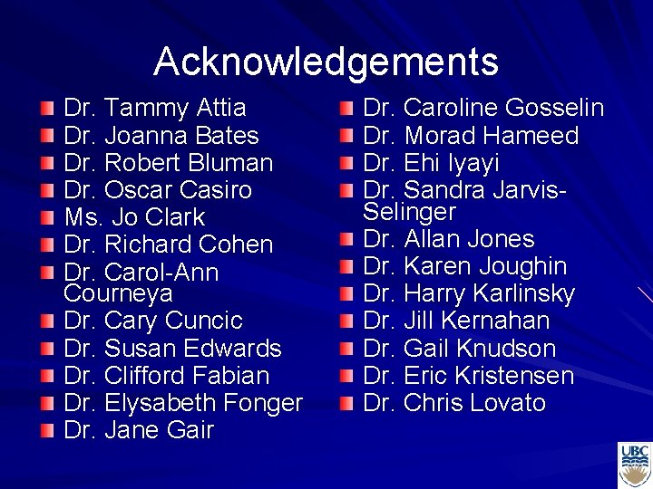Acknowledgements Dr. Tammy Attia Dr. Joanna Bates Dr. Robert Bluman Dr. Oscar Casiro Ms.