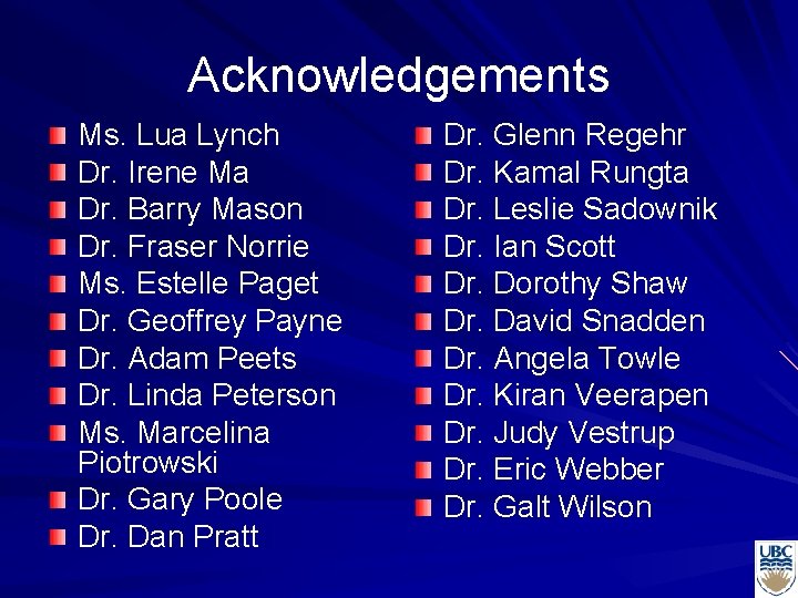 Acknowledgements Ms. Lua Lynch Dr. Irene Ma Dr. Barry Mason Dr. Fraser Norrie Ms.