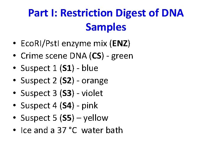 Part I: Restriction Digest of DNA Samples • • Eco. RI/Pst. I enzyme mix Part I: Restriction Digest of DNA Samples • • Eco. RI/Pst. I enzyme mix