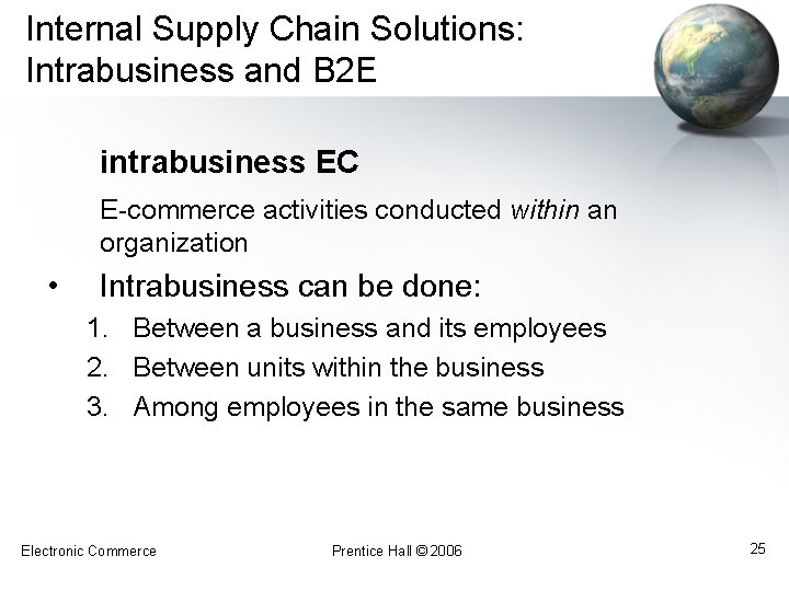 Internal Supply Chain Solutions: Intrabusiness and B 2 E intrabusiness EC E-commerce activities conducted