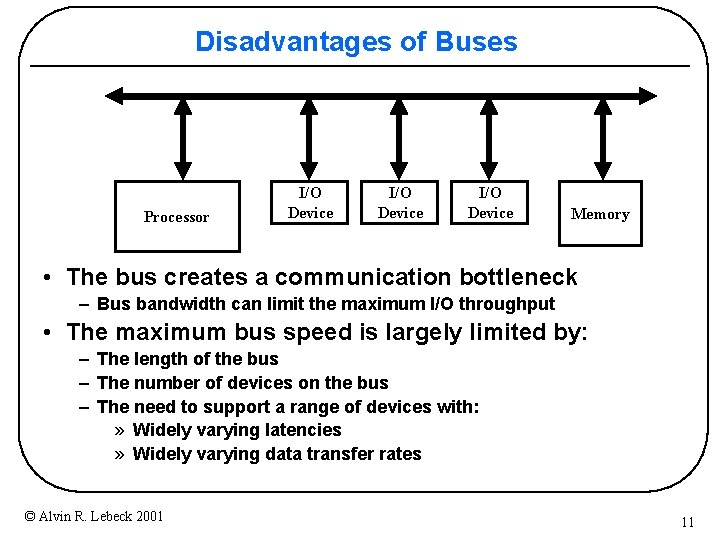 Disadvantages of Buses Processor I/O Device Memory • The bus creates a communication bottleneck