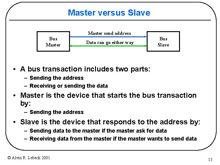 Master versus Slave Master send address Bus Master Data can go either way Bus