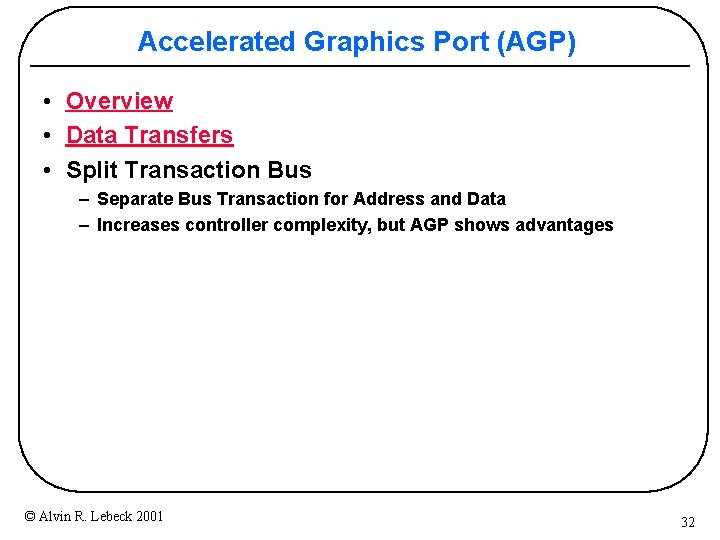 Accelerated Graphics Port (AGP) • Overview • Data Transfers • Split Transaction Bus –