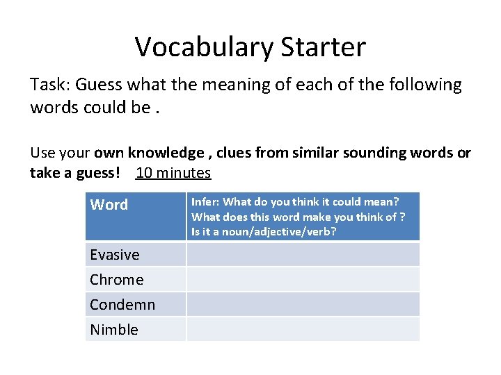 Vocabulary Starter Task: Guess what the meaning of each of the following words could