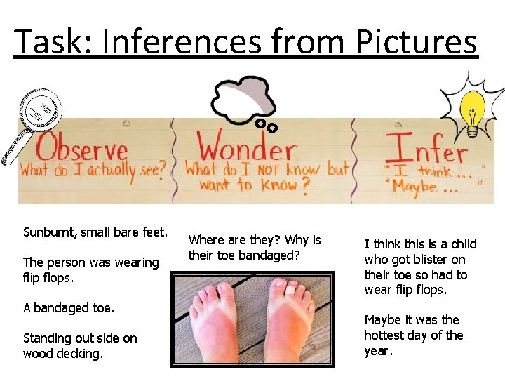 Task: Inferences from Pictures Sunburnt, small bare feet. The person was wearing flip flops.