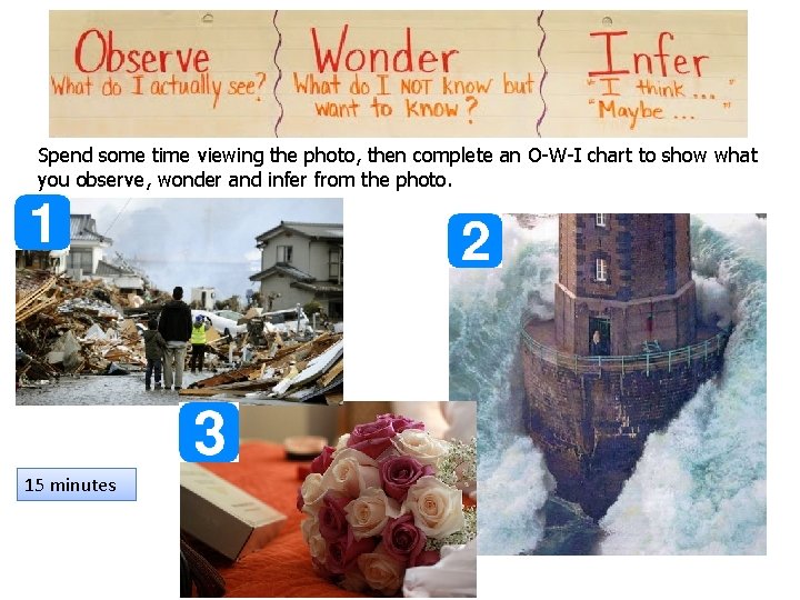 Observe- Wonder -Infer Spend some time viewing the photo, then complete an O-W-I chart