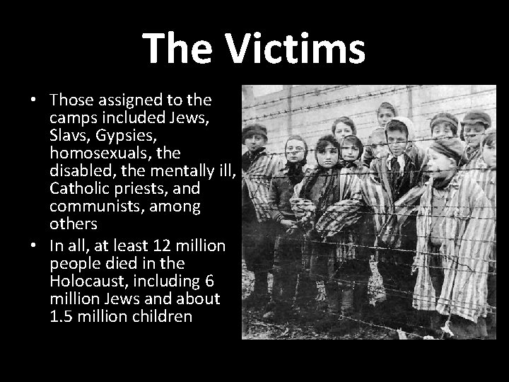 The Victims • Those assigned to the camps included Jews, Slavs, Gypsies, homosexuals, the
