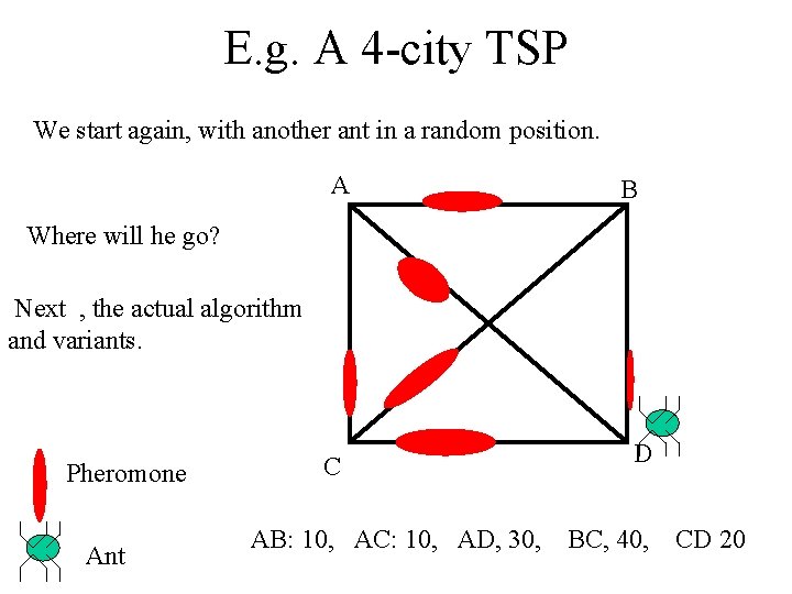 E. g. A 4 -city TSP We start again, with another ant in a
