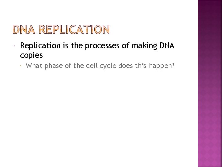  Replication is the processes of making DNA copies What phase of the cell