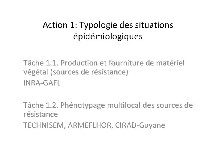 Action 1: Typologie des situations épidémiologiques Tâche 1. 1. Production et fourniture de matériel