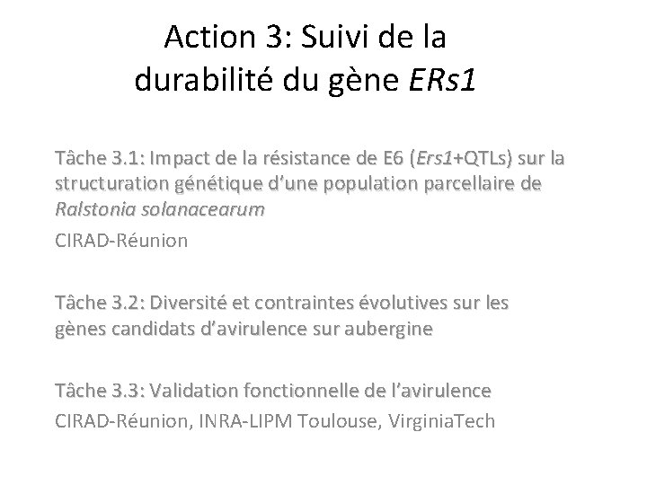 Action 3: Suivi de la durabilité du gène ERs 1 Tâche 3. 1: Impact