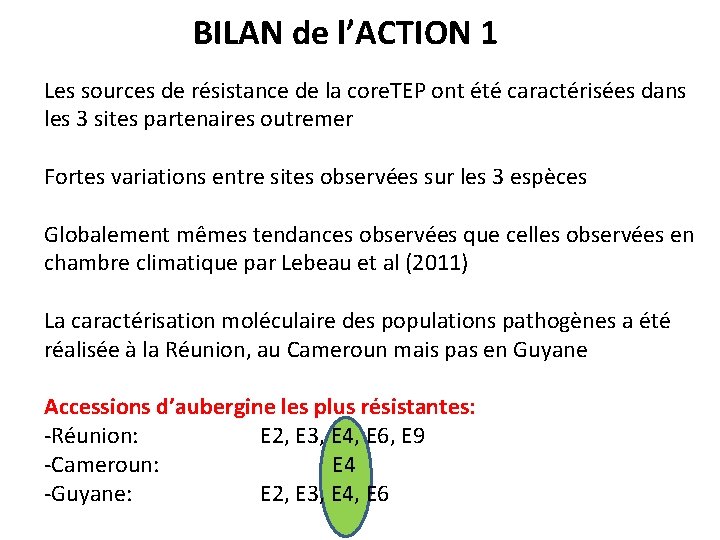 BILAN de l’ACTION 1 Les sources de résistance de la core. TEP ont été