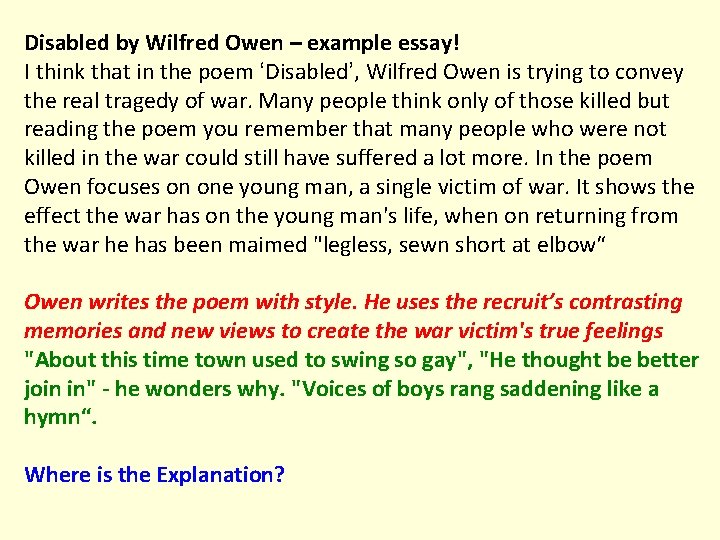 Disabled by Wilfred Owen – example essay! I think that in the poem ‘Disabled’,
