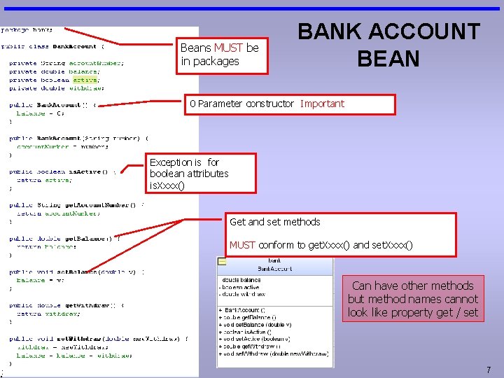 Beans MUST be in packages BANK ACCOUNT BEAN 0 Parameter constructor Important Exception is