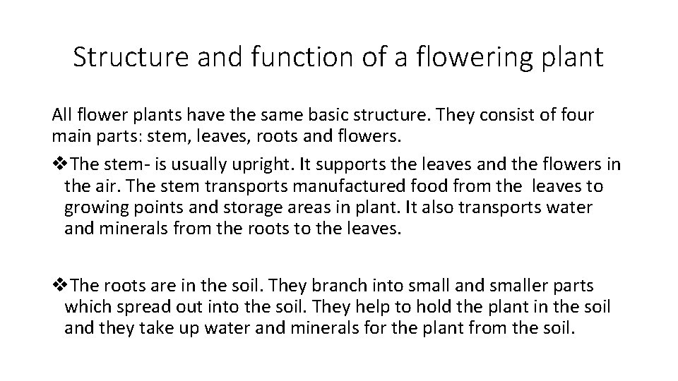 Structure and function of a flowering plant All flower plants have the same basic