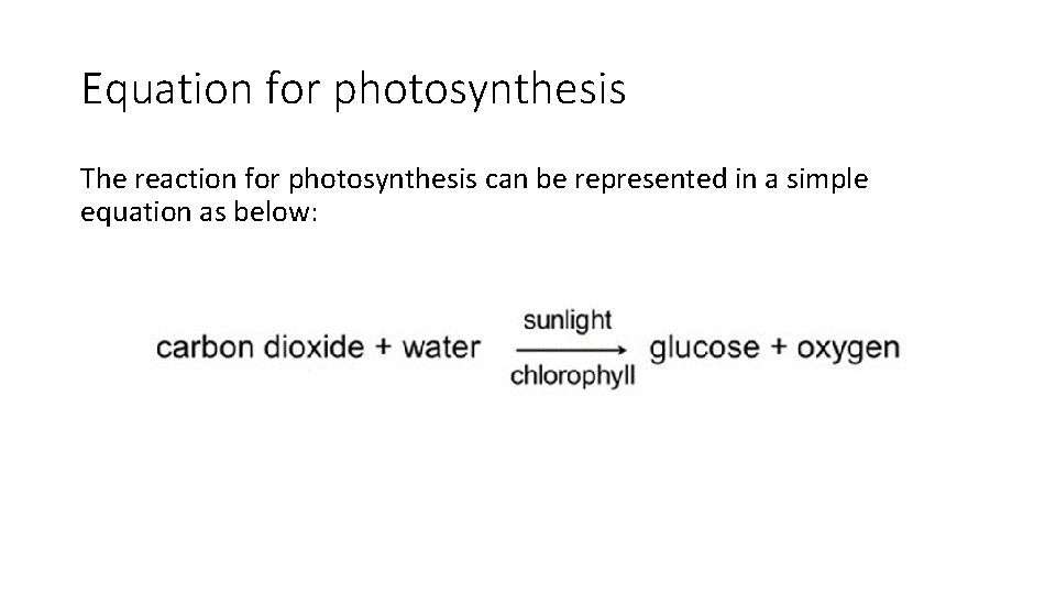 Equation for photosynthesis The reaction for photosynthesis can be represented in a simple equation