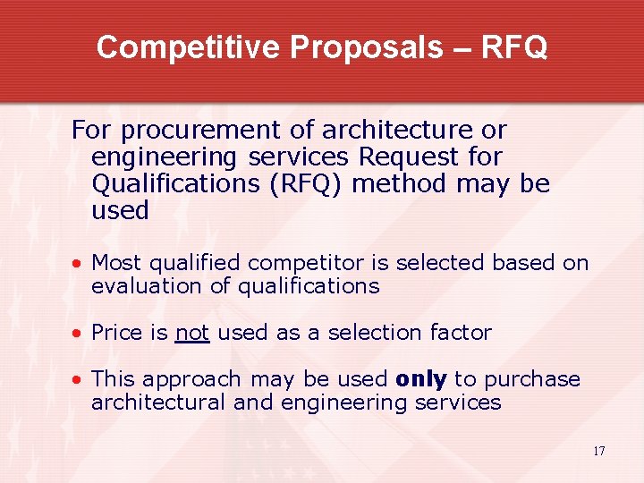 Competitive Proposals – RFQ For procurement of architecture or engineering services Request for Qualifications