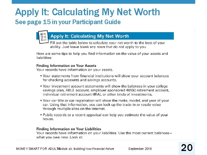 Apply It: Calculating My Net Worth See page 15 in your Participant Guide Module