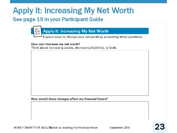 Apply It: Increasing My Net Worth See page 19 in your Participant Guide Module