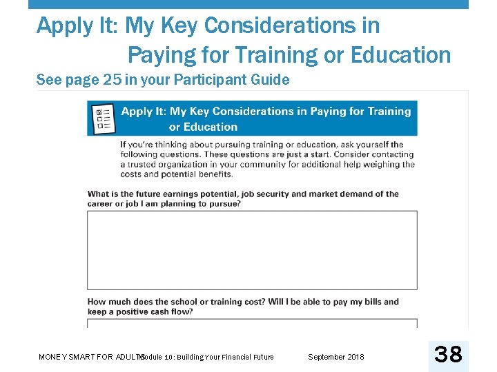 Apply It: My Key Considerations in Paying for Training or Education See page 25