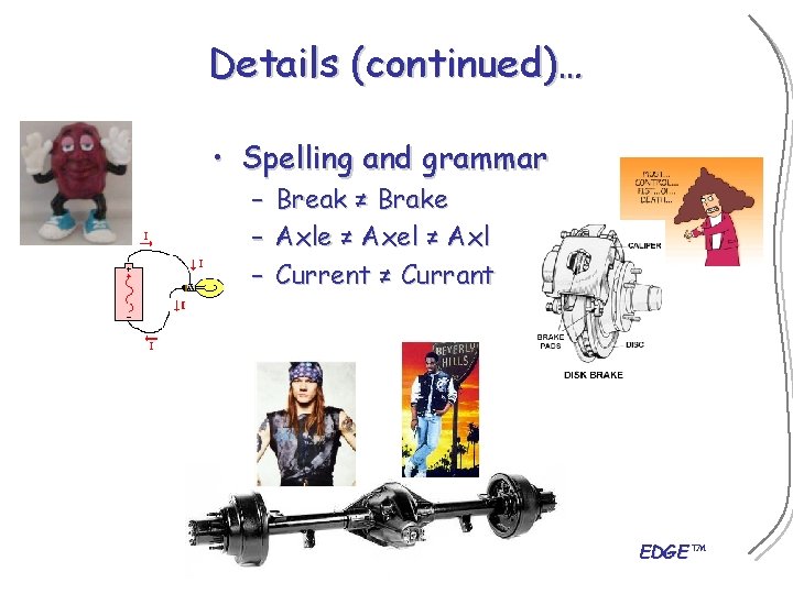 Details (continued)… • Spelling and grammar – – – Break ≠ Brake Axle ≠