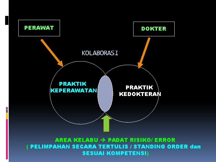 PERAWAT DOKTER KOLABORASI PRAKTIK KEPERAWATAN PRAKTIK KEDOKTERAN AREA KELABU PADAT RISIKO/ ERROR ( PELIMPAHAN