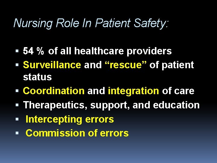 Nursing Role In Patient Safety: 54 % of all healthcare providers Surveillance and “rescue”