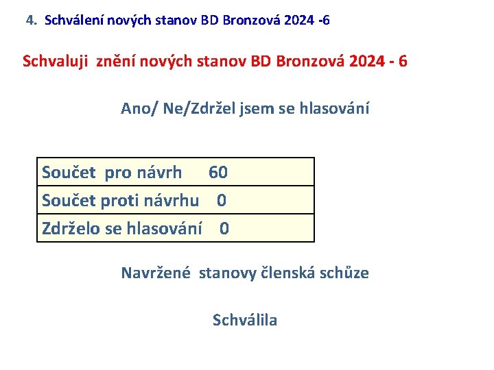 4. Schválení nových stanov BD Bronzová 2024 -6 Schvaluji znění nových stanov BD Bronzová