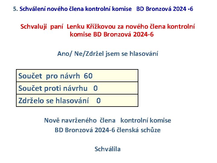 5. Schválení nového člena kontrolní komise BD Bronzová 2024 -6 Schvaluji paní Lenku Křížkovou