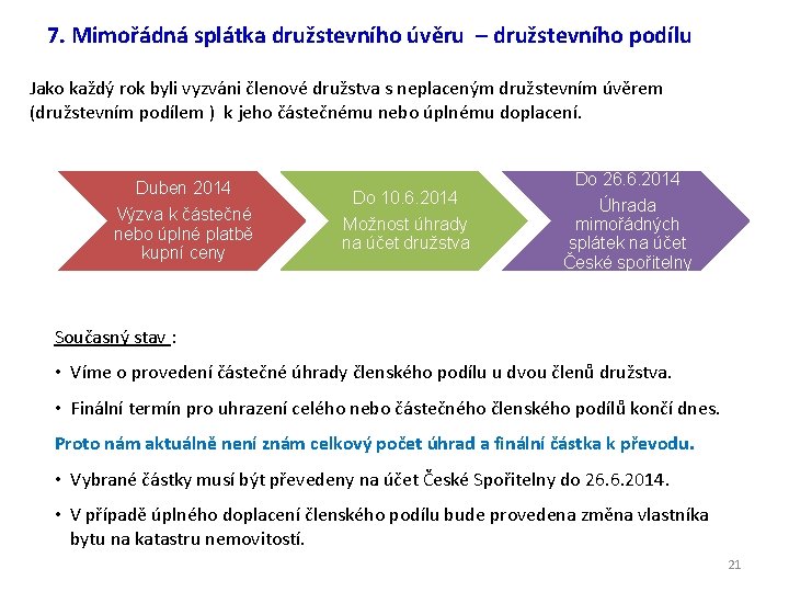 7. Mimořádná splátka družstevního úvěru – družstevního podílu Jako každý rok byli vyzváni členové