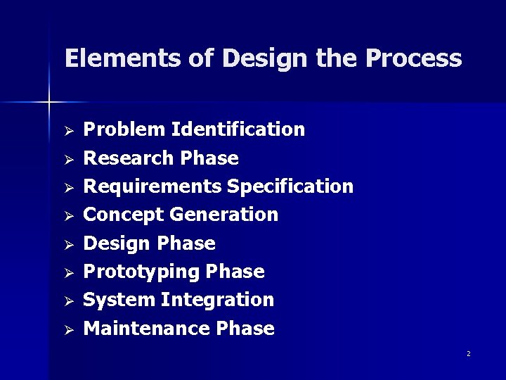 Elements of Design the Process Ø Ø Ø Ø Problem Identification Research Phase Requirements