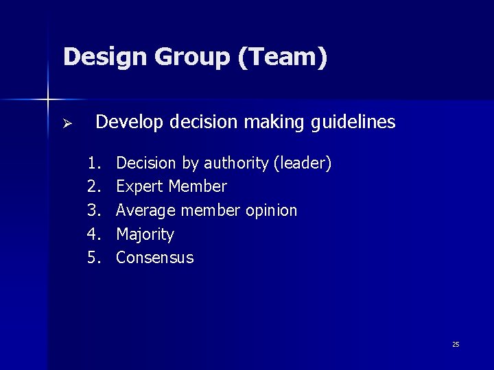 Design Group (Team) Ø Develop decision making guidelines 1. 2. 3. 4. 5. Decision