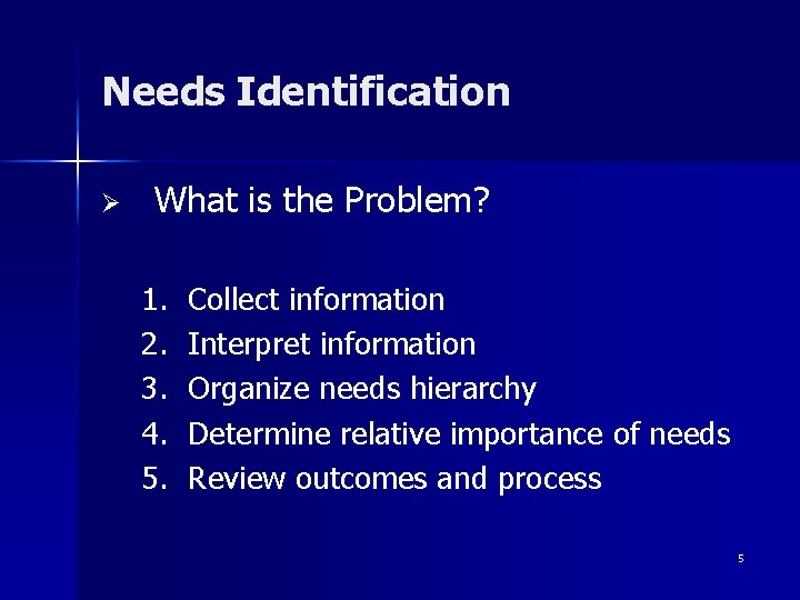 Needs Identification Ø What is the Problem? 1. 2. 3. 4. 5. Collect information