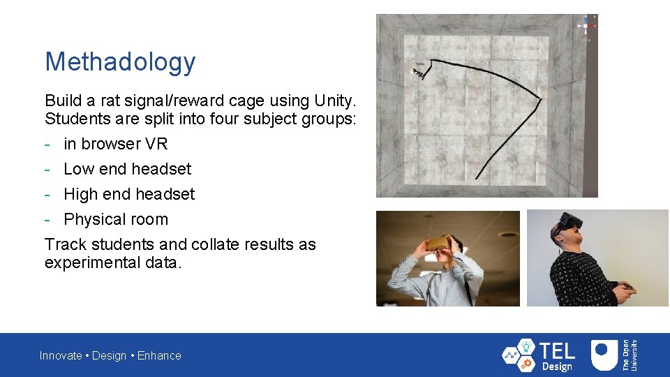 Methadology Build a rat signal/reward cage using Unity. Students are split into four subject