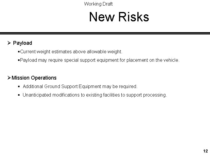 Working Draft New Risks Ø Payload §Current weight estimates above allowable weight. §Payload may