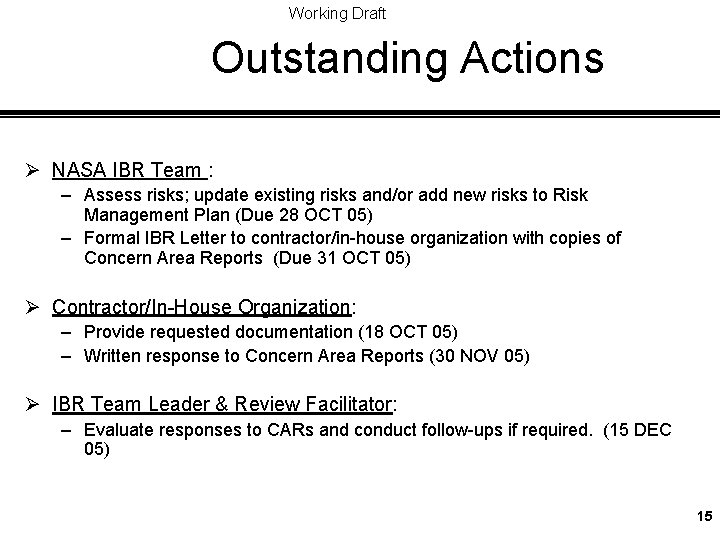 Working Draft Outstanding Actions Ø NASA IBR Team : – Assess risks; update existing