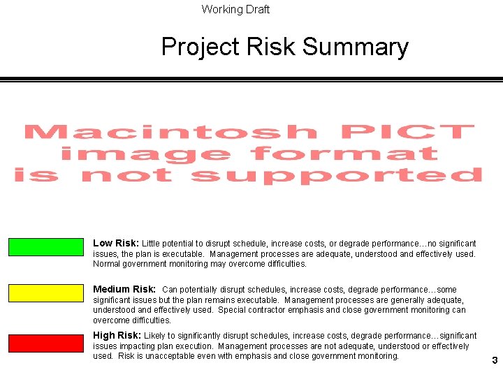Working Draft Project Risk Summary Low Risk: Little potential to disrupt schedule, increase costs,
