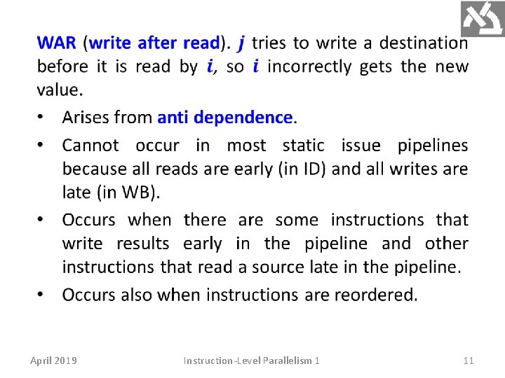 April 2019 Instruction-Level Parallelism 1 11 