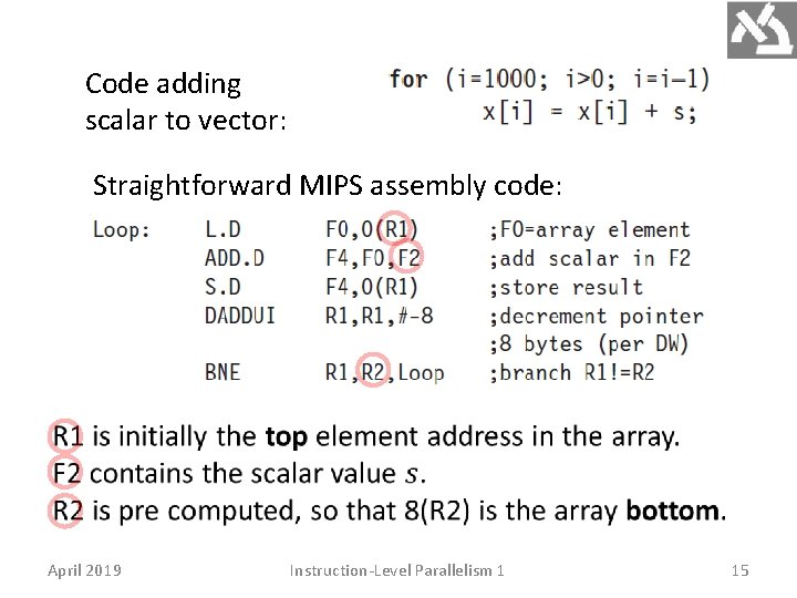 Code adding scalar to vector: Straightforward MIPS assembly code: April 2019 Instruction-Level Parallelism 1