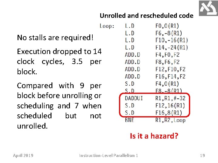 Unrolled and rescheduled code No stalls are required! Execution dropped to 14 clock cycles,