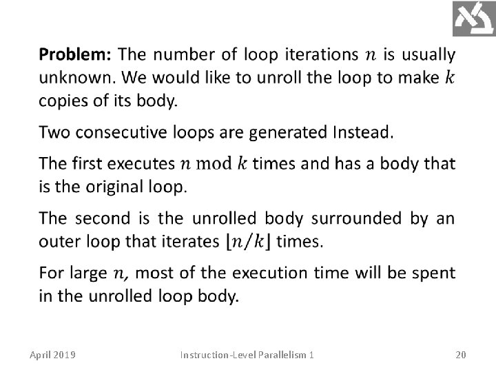 April 2019 Instruction-Level Parallelism 1 20 