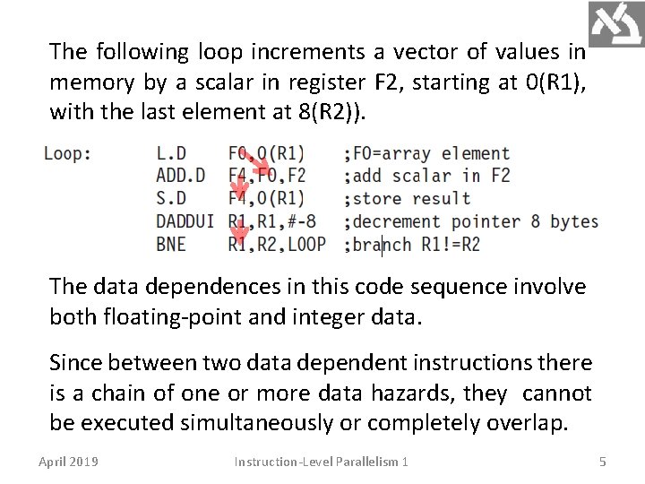 The following loop increments a vector of values in memory by a scalar in