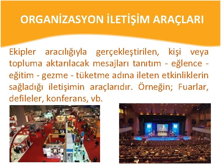 ORGANİZASYON İLETİŞİM ARAÇLARI Ekipler aracılığıyla gerçekleştirilen, kişi veya topluma aktarılacak mesajları tanıtım - eğlence