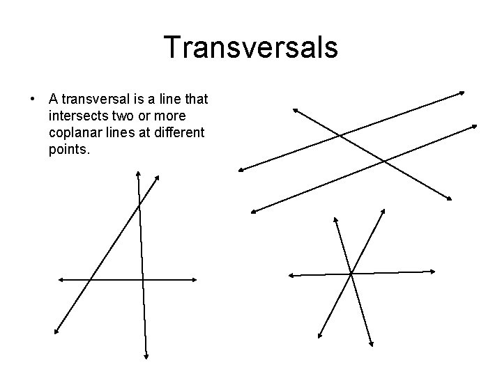 Transversals • A transversal is a line that intersects two or more coplanar lines