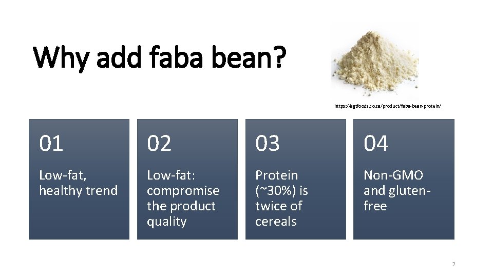 Why add faba bean? https: //agtfoods. co. za/product/faba-bean-protein/ 01 02 03 04 Low-fat, healthy