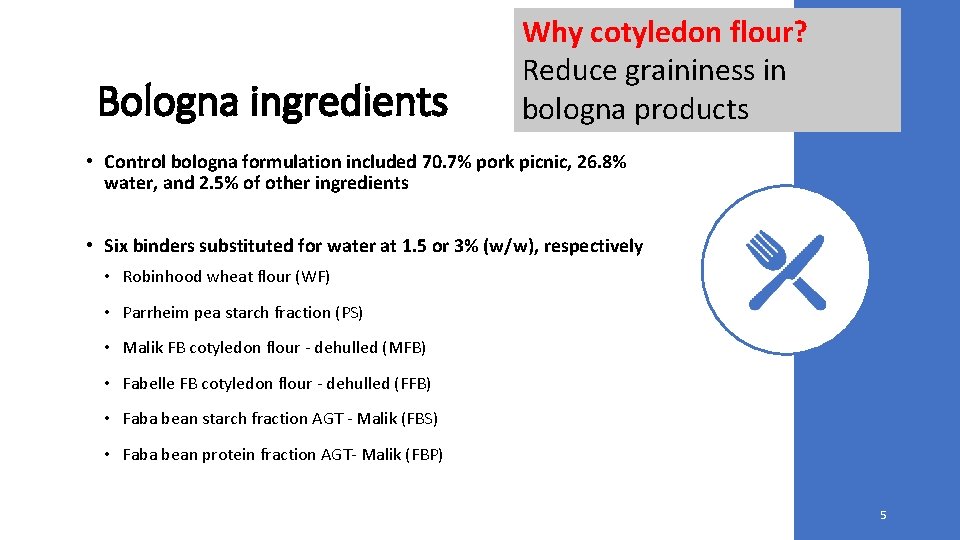 Bologna ingredients Why cotyledon flour? Reduce graininess in bologna products • Control bologna formulation