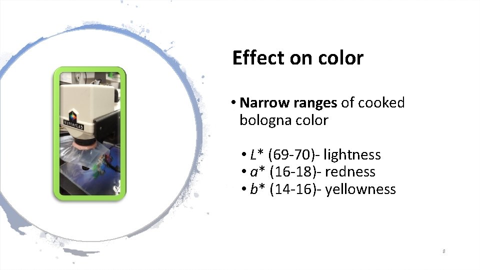 Effect on color • Narrow ranges of cooked bologna color • L* (69 -70)-